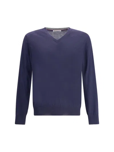 Brunello Cucinelli Men Ultrafine Virgin Wool Sweater In Blue