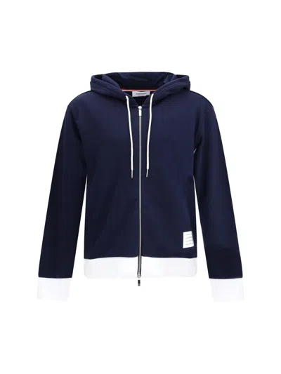 Thom Browne Zip Up Hoodie With Engineered 4 Bar In Color Blocked Solid Classic Loopback Jersey In Blue
