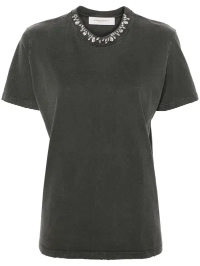Golden Goose Distressed Grey Cotton T-shirt With Crystal Embellishments In Gray