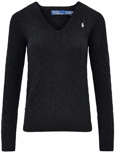 Polo Ralph Lauren Kimberly Cable Cotton V Neck Sweater In Black