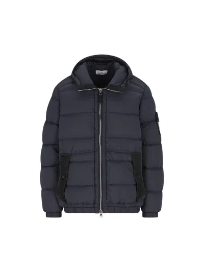 Stone Island Hooded Down Jacket With Seamless Feather Tunnels And Anti-drop In Blue