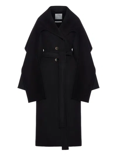 Sportmax Wool Coat With Belted Waist And Oversized Sleeves In Black