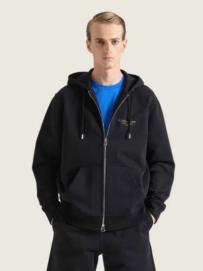 Givenchy Logo Stamp Zip-up Hooded Sweatshirt In Black