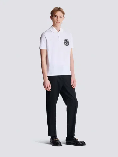 Balmain Cotton Crest Print Polo Shirt In White