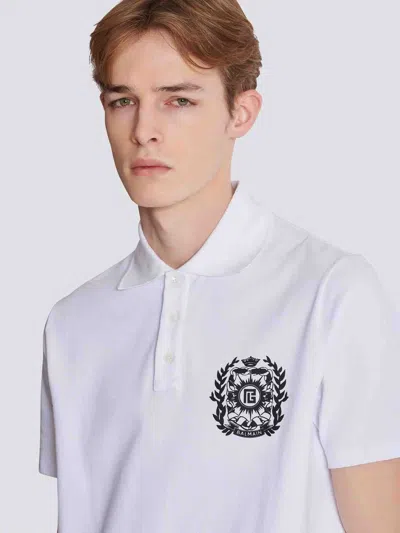 Balmain Cotton Crest Print Polo Shirt In White