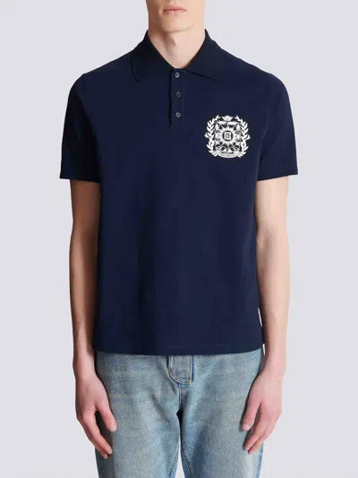 Balmain Cotton Crest Polo Shirt In Blue
