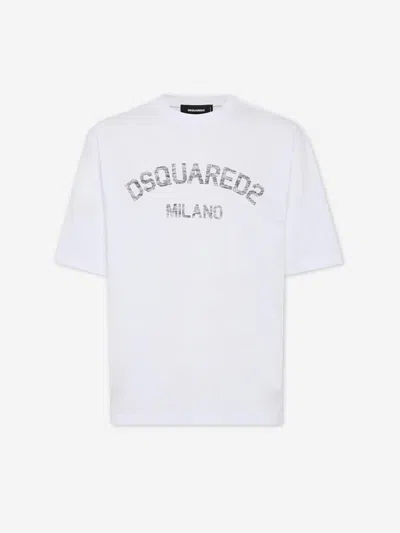 Dsquared2 Loose Fit White Cotton Jersey T-shirt With Vintage-effect Logo In White