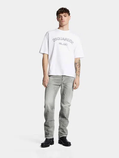 Dsquared2 Loose Fit White Cotton Jersey T-shirt With Vintage-effect Logo In White