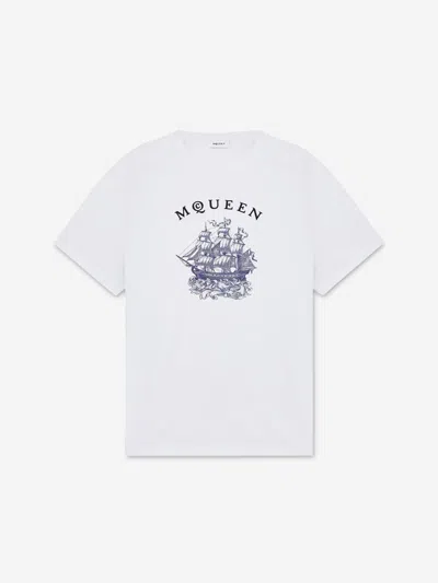Alexander Mcqueen White Crewneck T-shirt With Logo Print On The Front In Cotton Man In White