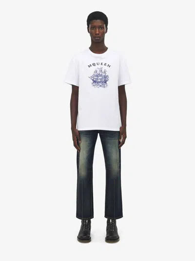 Alexander Mcqueen White Crewneck T-shirt With Logo Print On The Front In Cotton Man In White