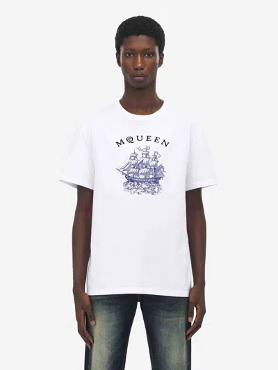 Alexander Mcqueen White Crewneck T-shirt With Logo Print On The Front In Cotton Man In White