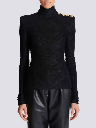 Balmain Buttoned Shoulder Sleeve Top In Black