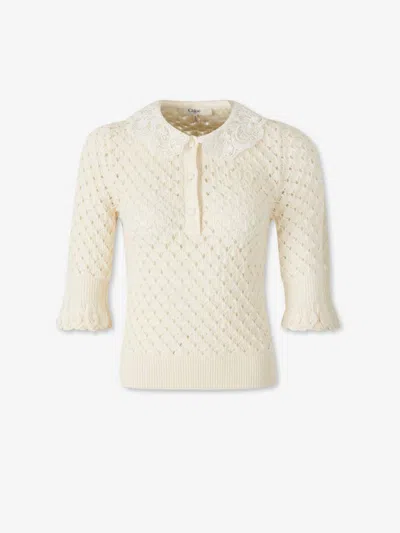 Chloé Women Ivory Knit Polo Shirt With Lace Collar In Neutral