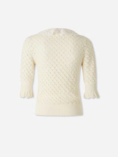 Chloé Women Ivory Knit Polo Shirt With Lace Collar In Neutral