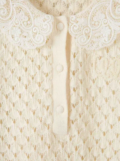 Chloé Women Ivory Knit Polo Shirt With Lace Collar In Neutral