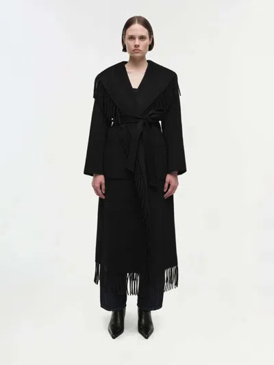 Simkhai Womens Black Carrie Fringe-trim Wool-blend Robe Coat In Black