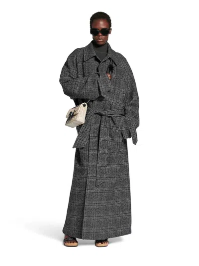 Balenciaga Check Oversize Wool Belted Coat In Gray