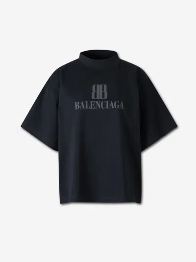 Balenciaga High-collar Black T-shirt With Logo Print In Blue
