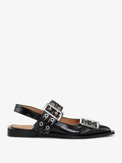 Ganni Buckled Slingback Ballet Flats In Black Leather In Black