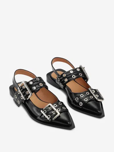 Ganni Buckled Slingback Ballet Flats In Black Leather In Black