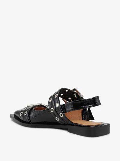 Ganni Buckled Slingback Ballet Flats In Black Leather In Black
