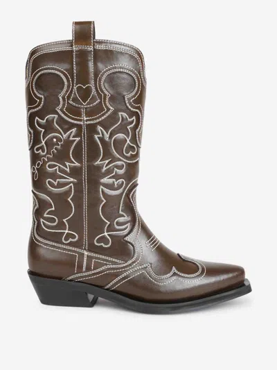 Ganni Stitched Western Style Pointed Toe Boots In Brown