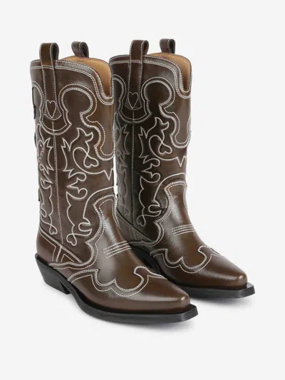 Ganni Stitched Western Style Pointed Toe Boots In Brown