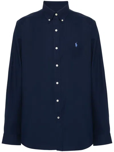 Polo Ralph Lauren Navy Blue Stretch-cotton Button-down Shirt With Signature Motif In Blue