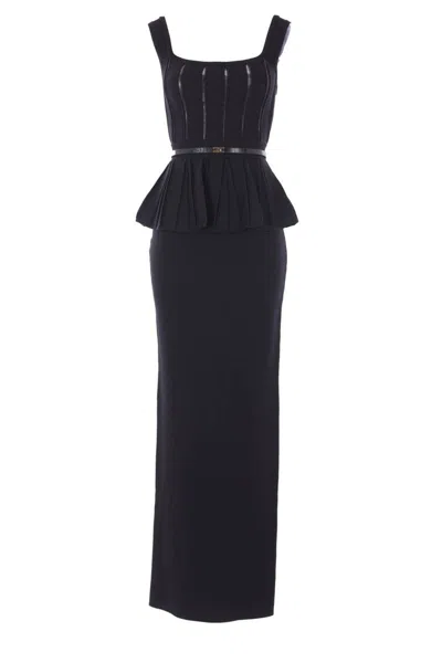 Elisabetta Franchi Red Carpet Pleated-peplum Knit Maxi Dress In Black