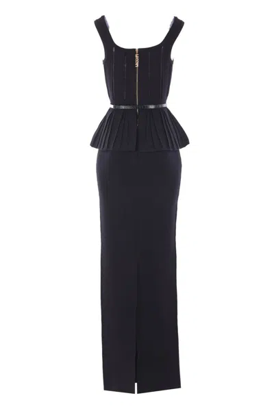 Elisabetta Franchi Red Carpet Pleated-peplum Knit Maxi Dress In Black
