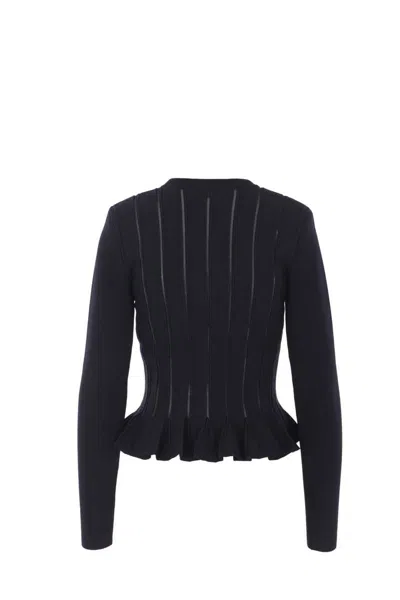 Elisabetta Franchi Tricot Pattern Sweater With Padded Shoulder Straps And Embroidered Hem In Black