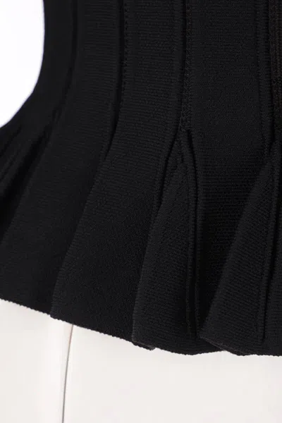 Elisabetta Franchi Tricot Pattern Sweater With Padded Shoulder Straps And Embroidered Hem In Black