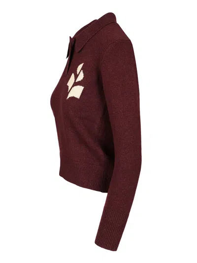 Isabel Marant Étoile Burgundy Cotton-wool Blend Sweater With Classic Collar And Logo In Multi
