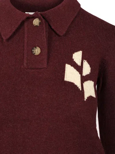 Isabel Marant Étoile Burgundy Cotton-wool Blend Sweater With Classic Collar And Logo In Multi