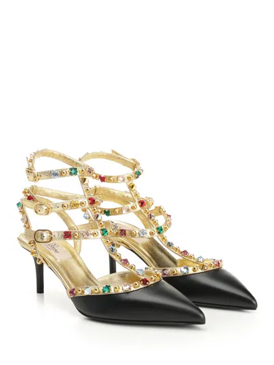 Valentino Garavani Rockstud 100 Embellished Metallic Leather Pumps In Black