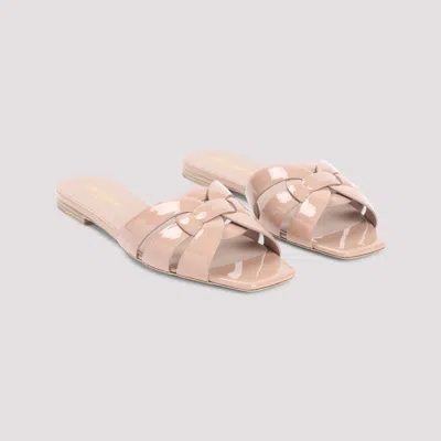 Saint Laurent Tribute Patent Leather Flat Sandals In Brown