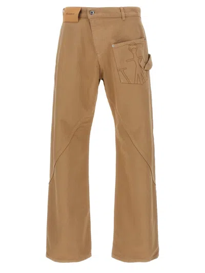 Jw Anderson Mens Twisted Workwear Panelled Wide-leg Cotton Trousers Flax In Brown