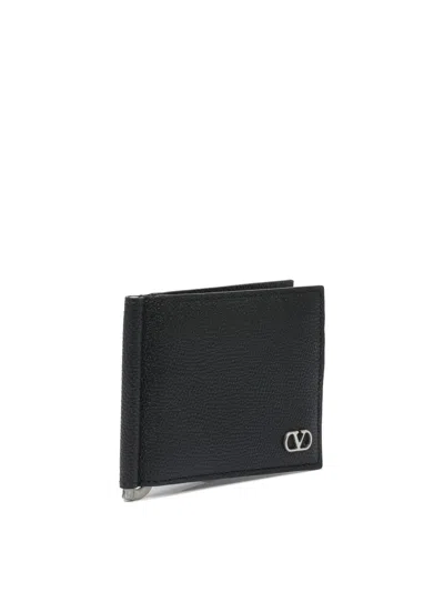 Valentino Garavani Vlogo Signature Grainy Calfskin Bi-fold Wallet With Money Clip In Black