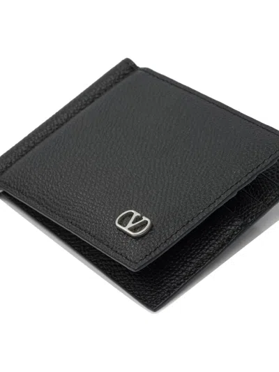 Valentino Garavani Vlogo Signature Grainy Calfskin Bi-fold Wallet With Money Clip In Black