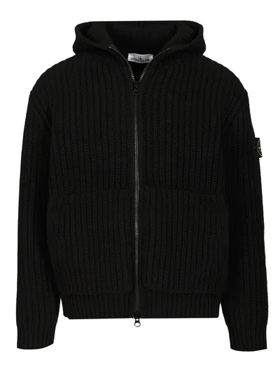 Stone Island Hooded Sweater With Zip In Wool And Cashmere In Black