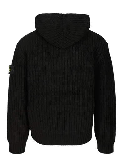 Stone Island Hooded Sweater With Zip In Wool And Cashmere In Black