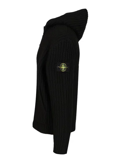 Stone Island Hooded Sweater With Zip In Wool And Cashmere In Black