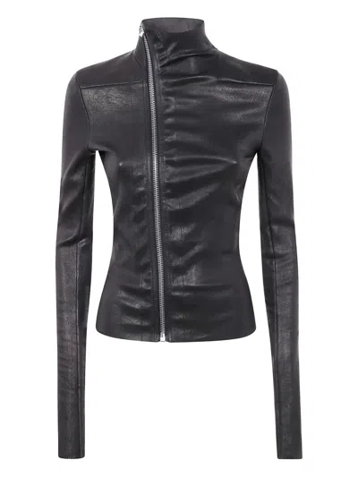 Rick Owens Asymmetric Black Stretch Leather Jacket