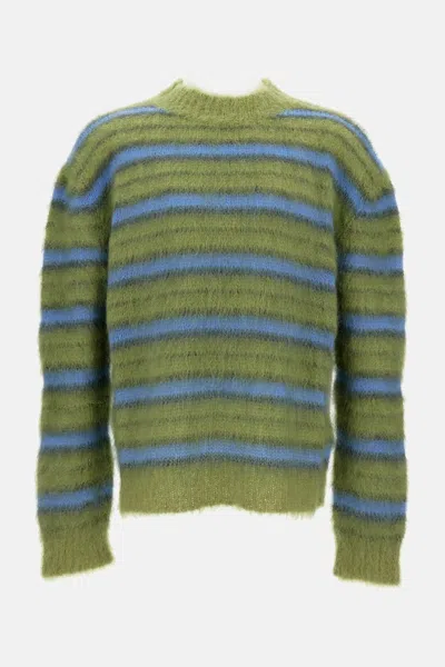 Marni Crew Neck Fuzzy Striped Sweater In Green