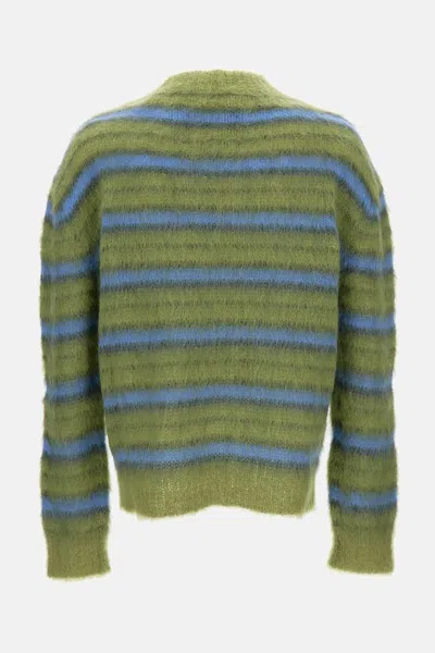 Marni Crew Neck Fuzzy Striped Sweater In Green