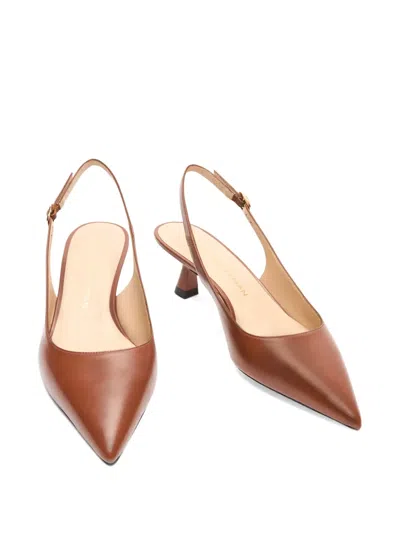 Stuart Weitzman Sculpted Buckle Kitten Heel Slingback Pumps In Brown