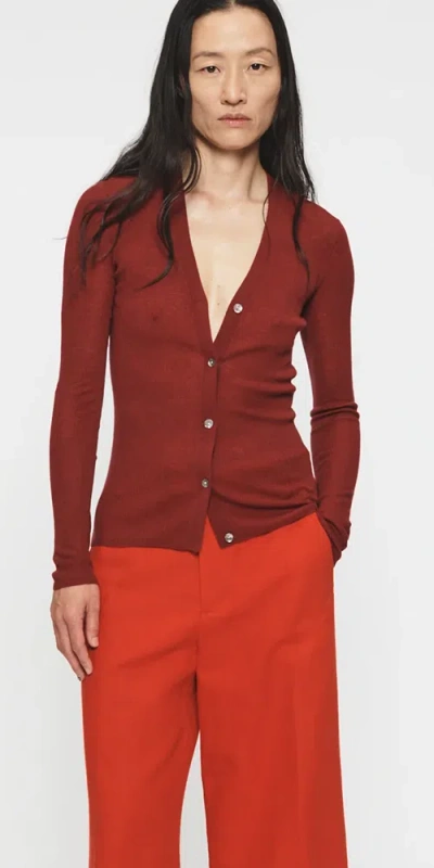 6397 Skinny Rib V Cardigan Wine In Burgundy