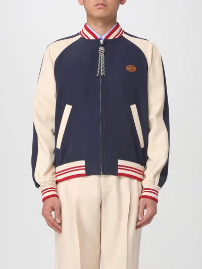 Valentino Wool And Cotton Bomber Jacket With Vlogo And Chat De La Maison Patch In Blue
