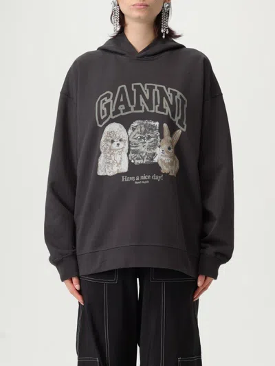 Ganni Oversize Cotton Sweatshirt With Hood And Graphic Print In Gray