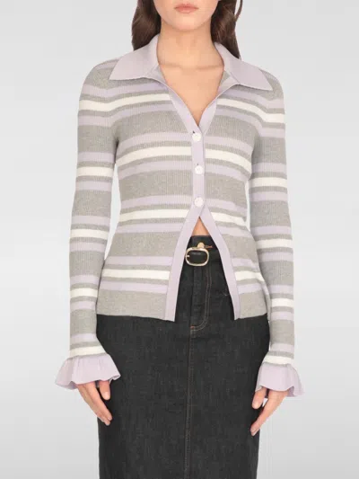 Self-portrait Grey Cardigan With Spread Collar And All-over Striped Motif In Viscose Blend Woman In Gray